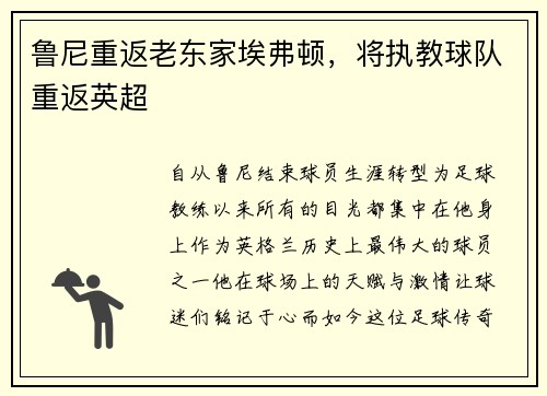 鲁尼重返老东家埃弗顿,将执教球队重返英超